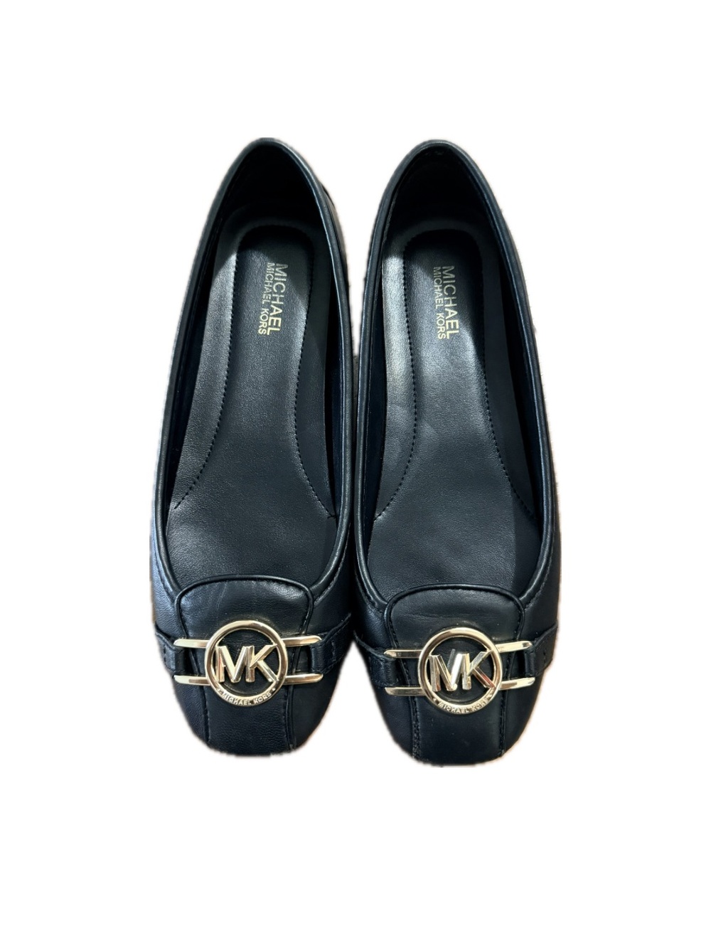 Michael Kors Black Leather MK Gold Logo Flats